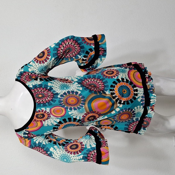 70's Multicolor Bohemian Bell Sleeve Raw Hem Hippie Boho Tunic Dress Size L/XL - Picture 6 of 11